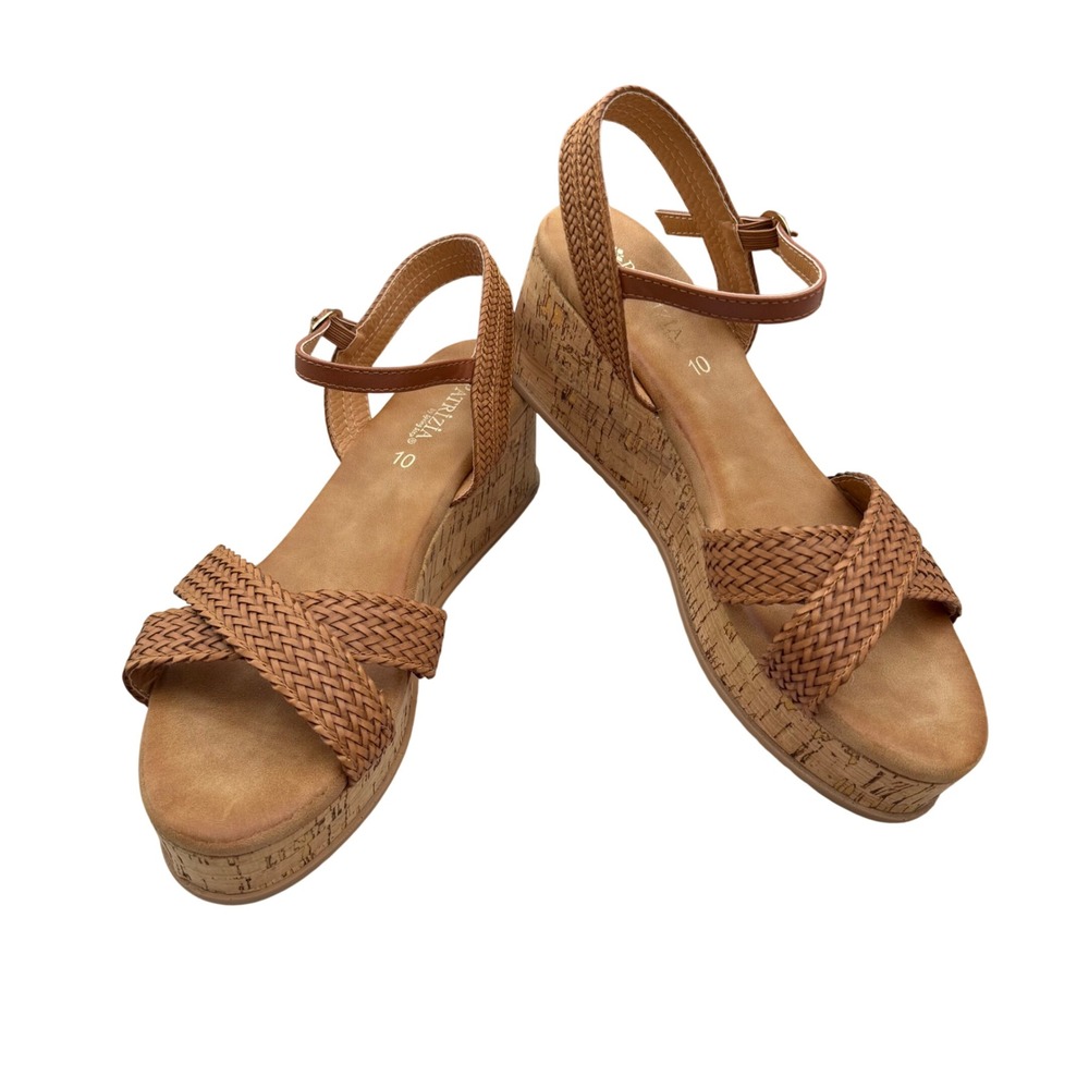 Patrizia Spring Step Litzy Wedge Sandals 10 Tan Braided Cork Platform Boho Shoes